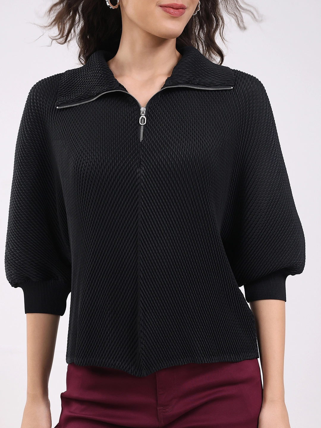 Black Solid Pleated Blouson Top - Global Republic