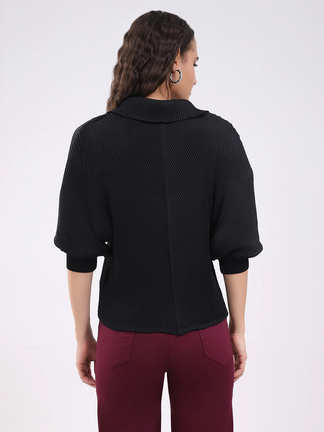 Black Solid Pleated Blouson Top - Global Republic