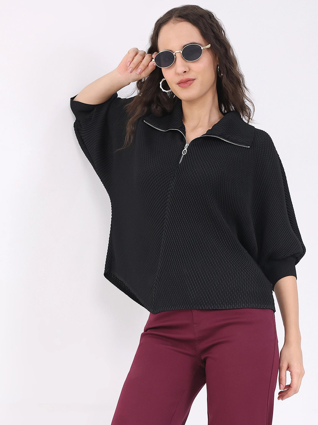 Black Solid Pleated Blouson Top - Global Republic