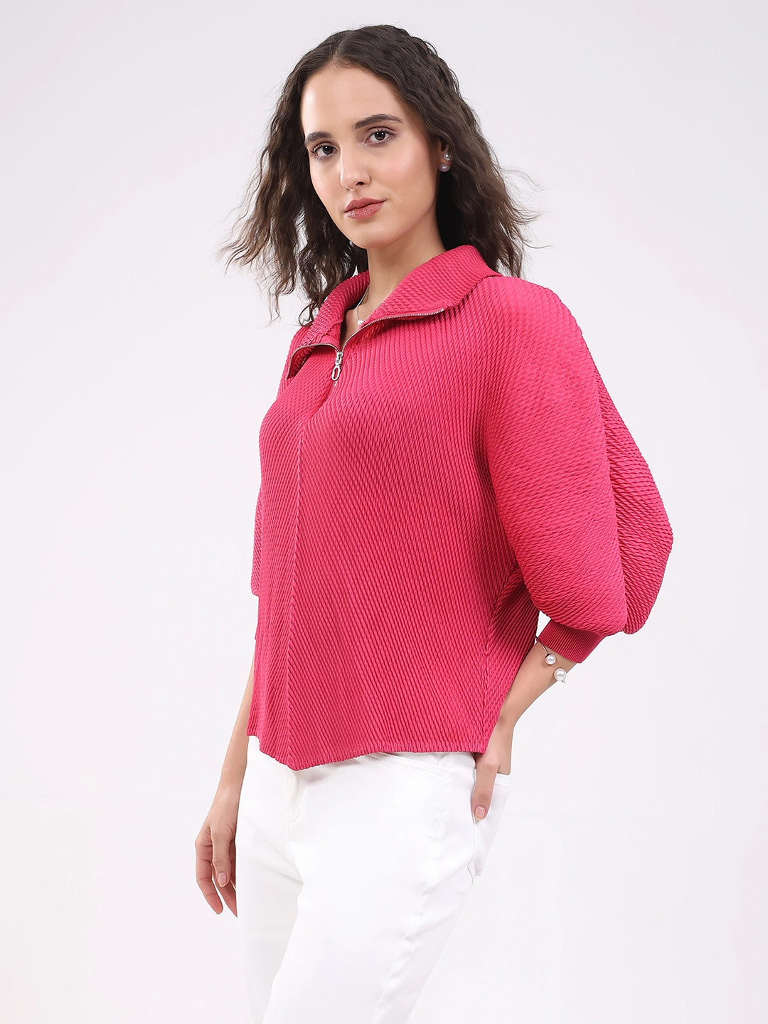 Pink Solid Pleated Blouson Top - Global Republic