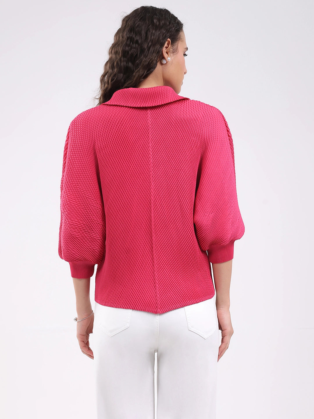 Pink Solid Pleated Blouson Top - Global Republic