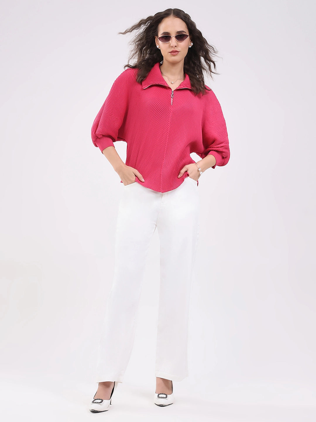 Pink Solid Pleated Blouson Top - Global Republic