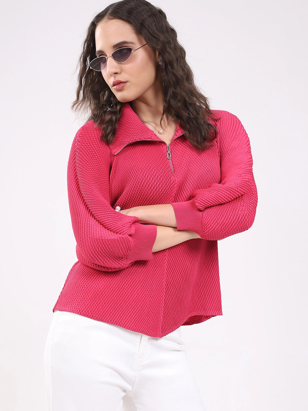 Pink Solid Pleated Blouson Top - Global Republic