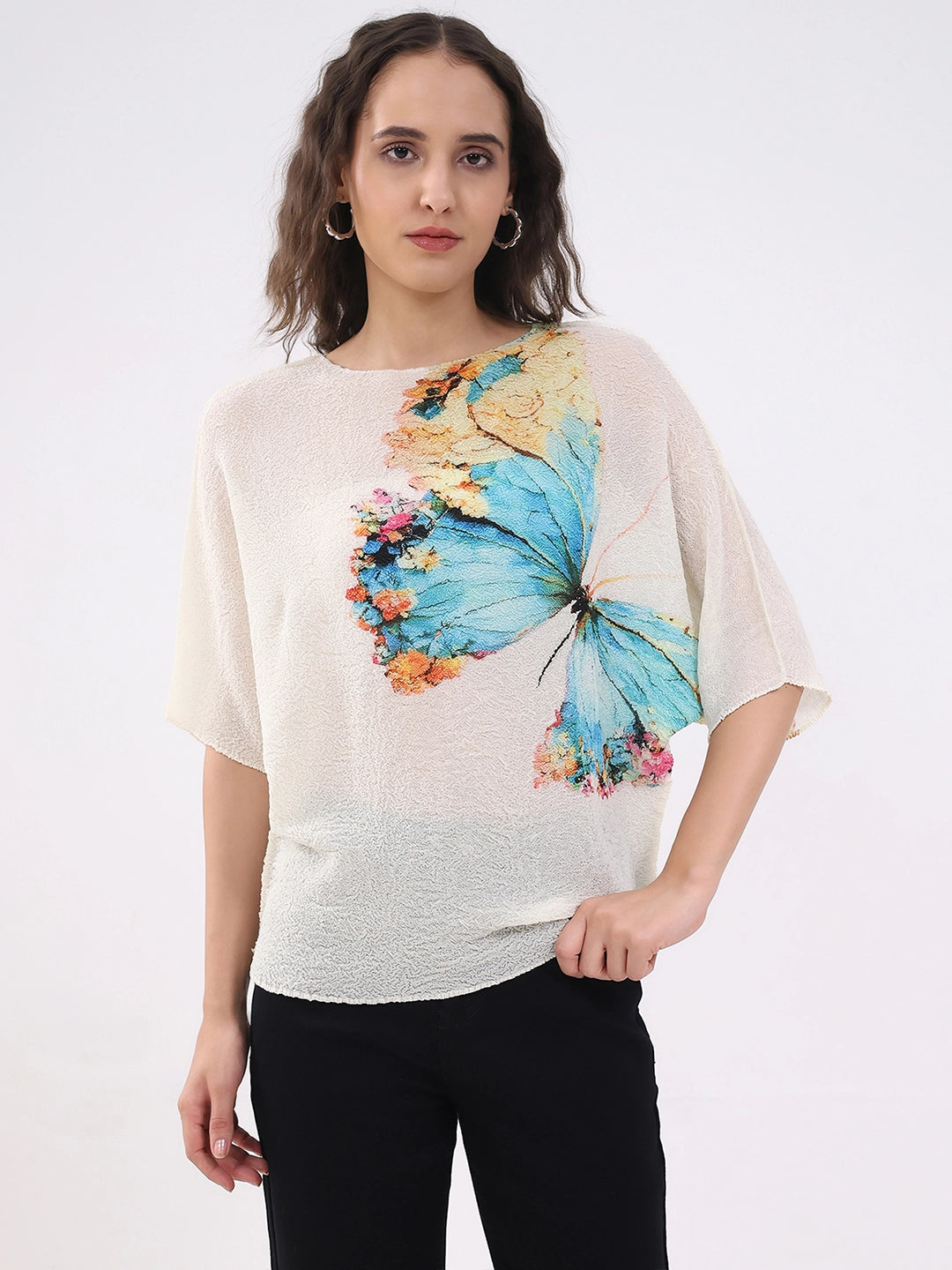 Beige Butterfly Print Stretchable Top - Global Republic