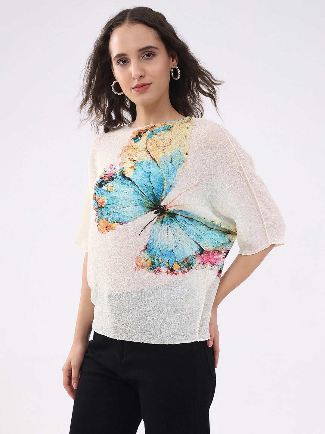 Beige Butterfly Print Stretchable Top - Global Republic