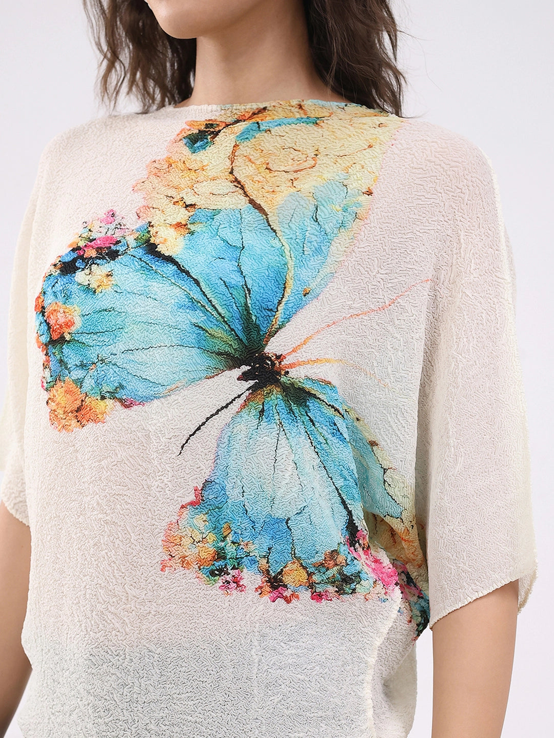 Beige Butterfly Print Stretchable Top - Global Republic