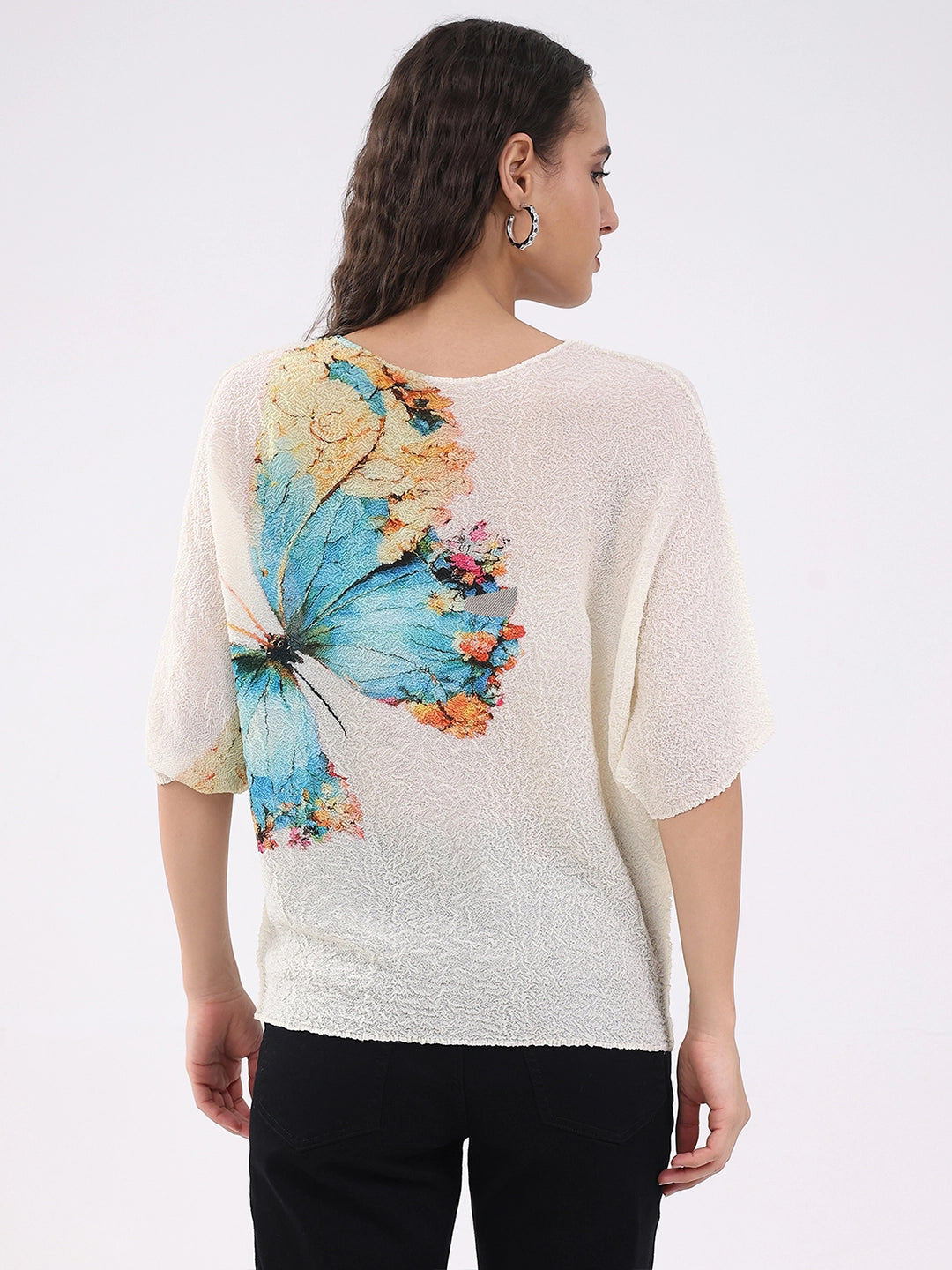 Beige Butterfly Print Stretchable Top - Global Republic