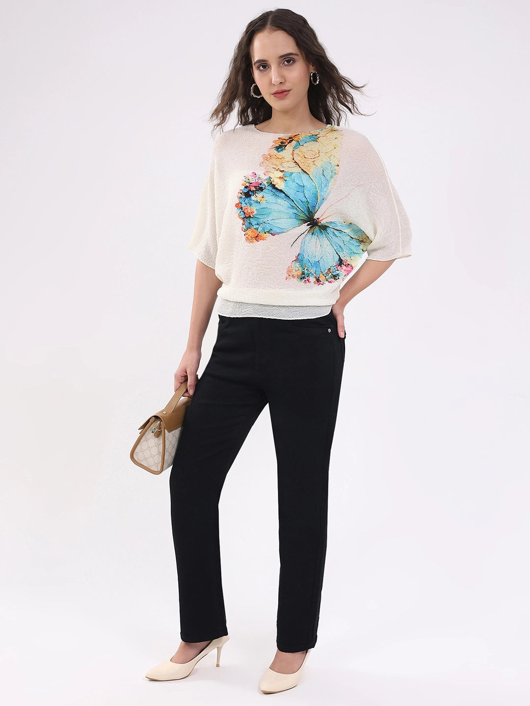Beige Butterfly Print Stretchable Top - Global Republic