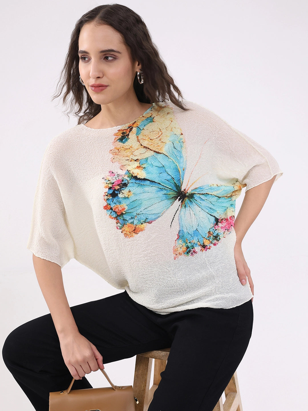 Beige Butterfly Print Stretchable Top - Global Republic