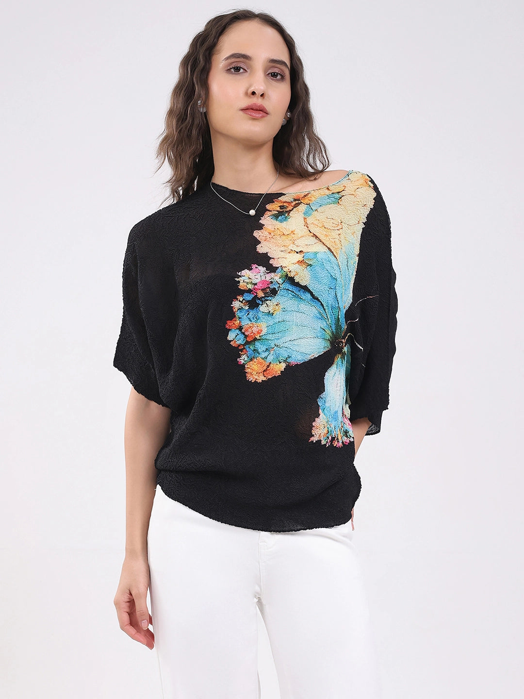 Black Butterfly Print Stretchable Top - Global Republic