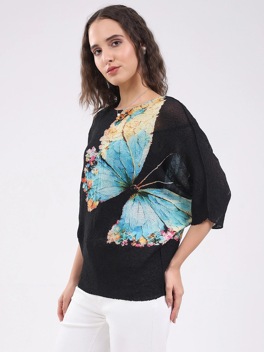 Black Butterfly Print Stretchable Top - Global Republic