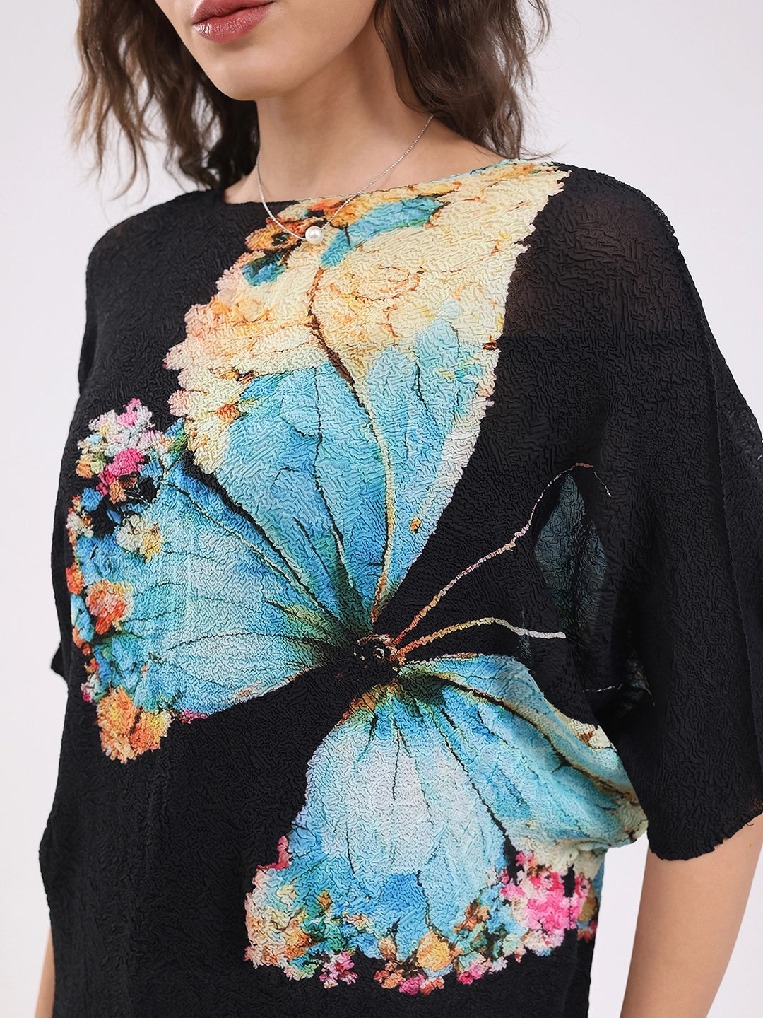 Black Butterfly Print Stretchable Top - Global Republic