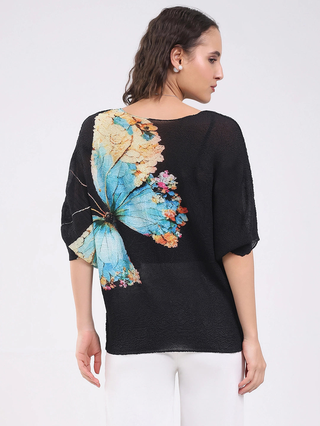 Black Butterfly Print Stretchable Top - Global Republic