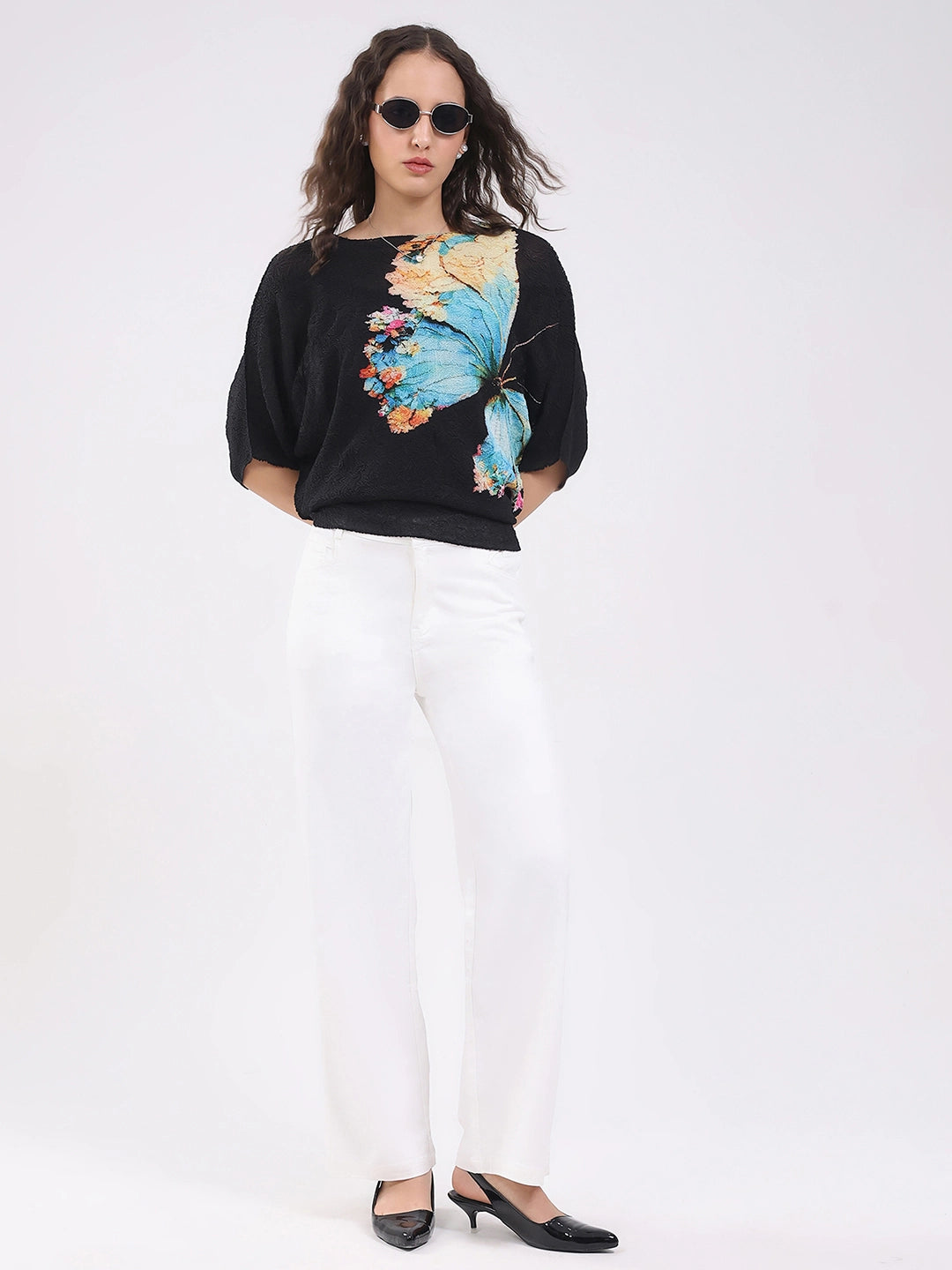 Black Butterfly Print Stretchable Top - Global Republic