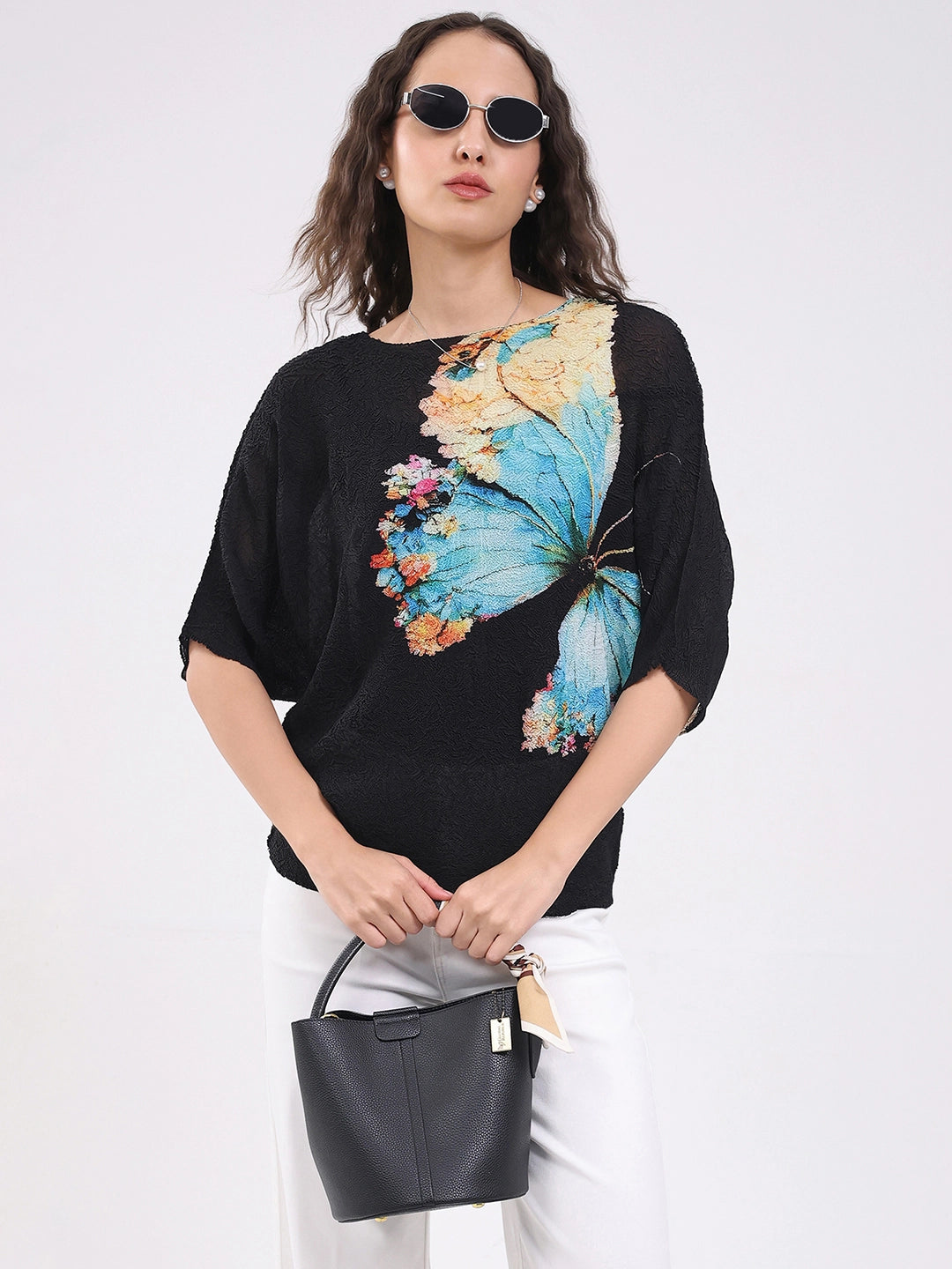 Black Butterfly Print Stretchable Top - Global Republic