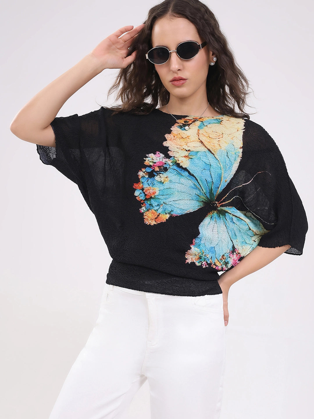 Black Butterfly Print Stretchable Top - Global Republic
