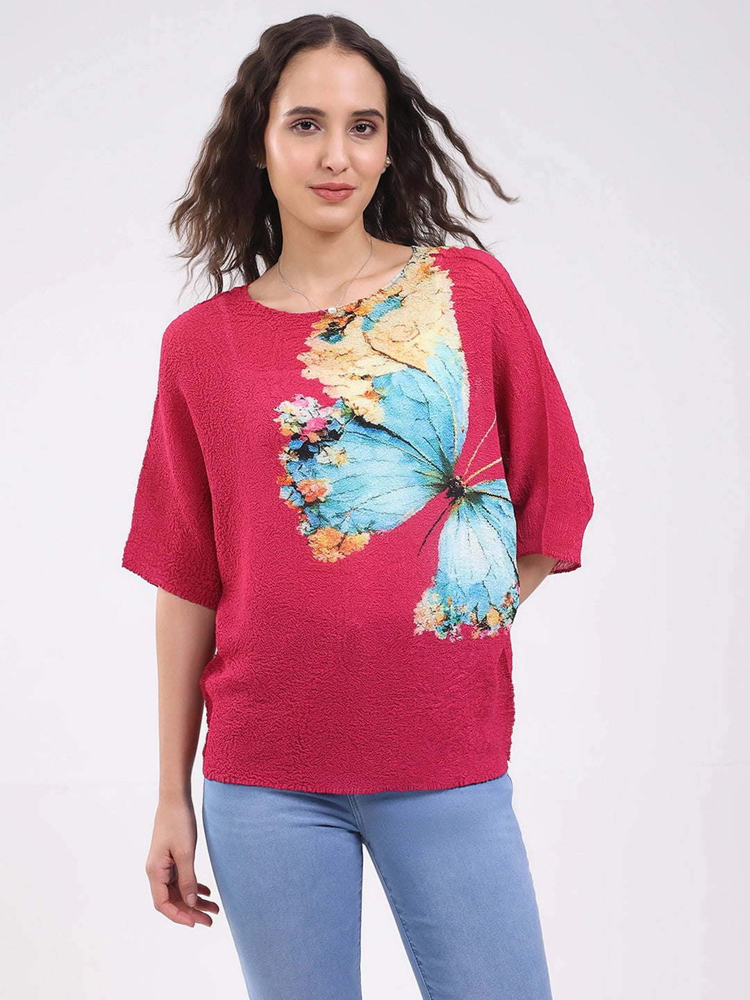 Pink Butterfly Print Stretchable Top - Global Republic