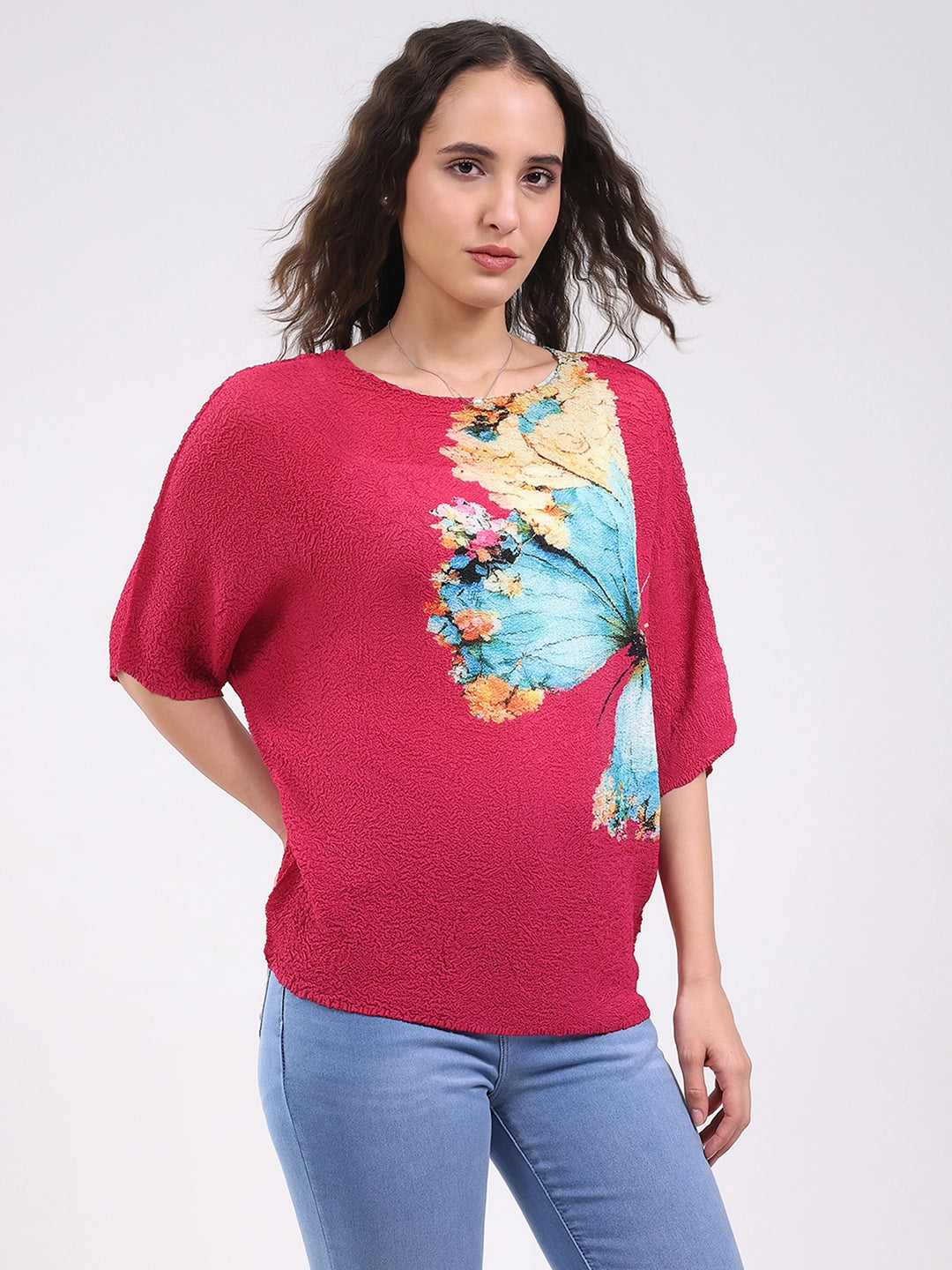Pink Butterfly Print Stretchable Top - Global Republic