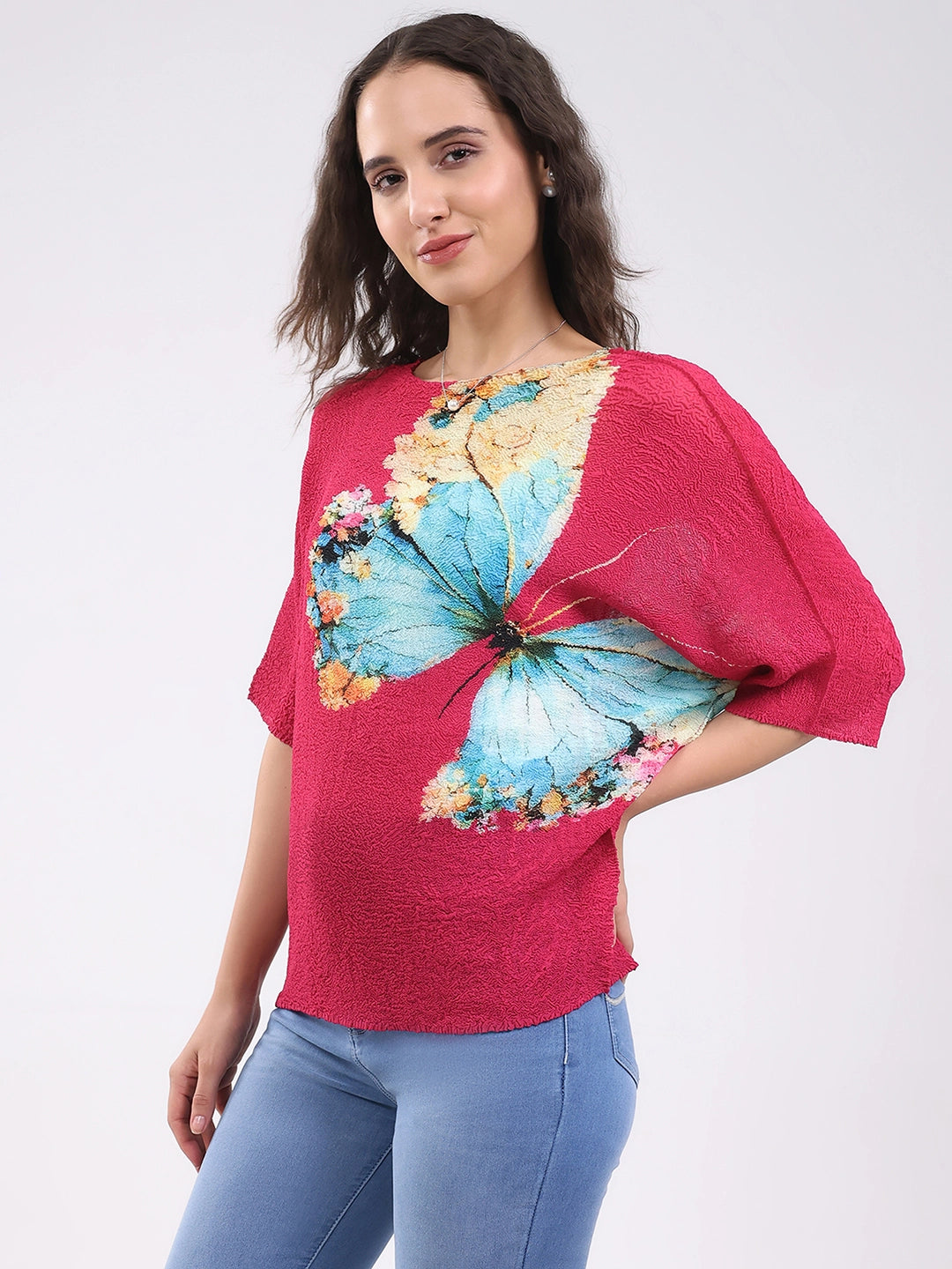 Pink Butterfly Print Stretchable Top - Global Republic