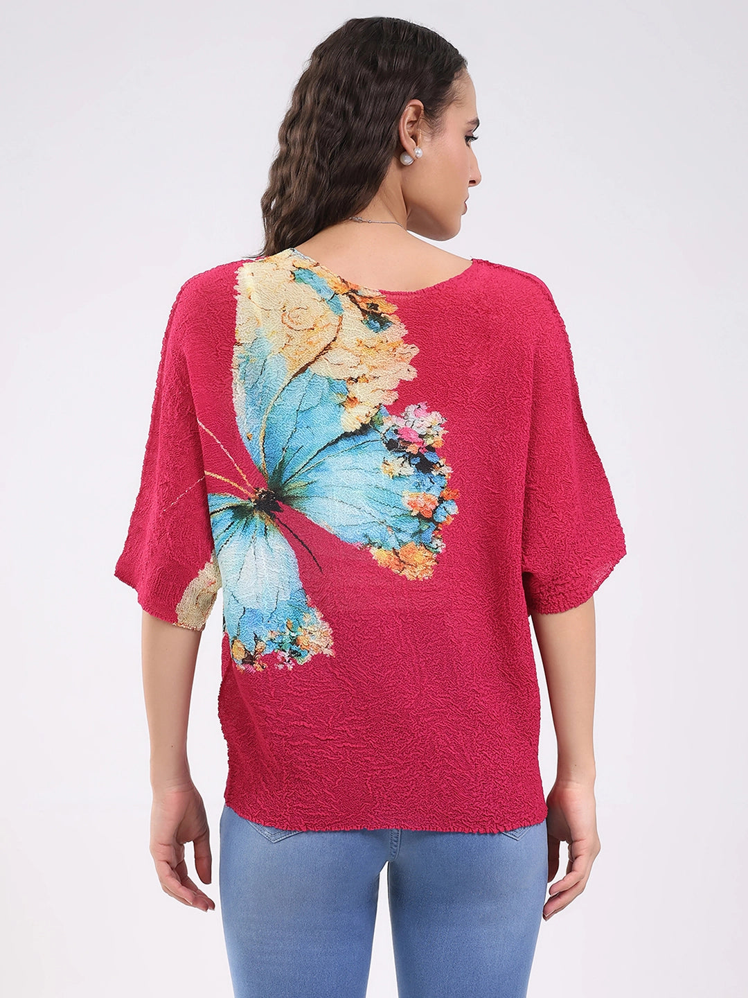 Pink Butterfly Print Stretchable Top - Global Republic