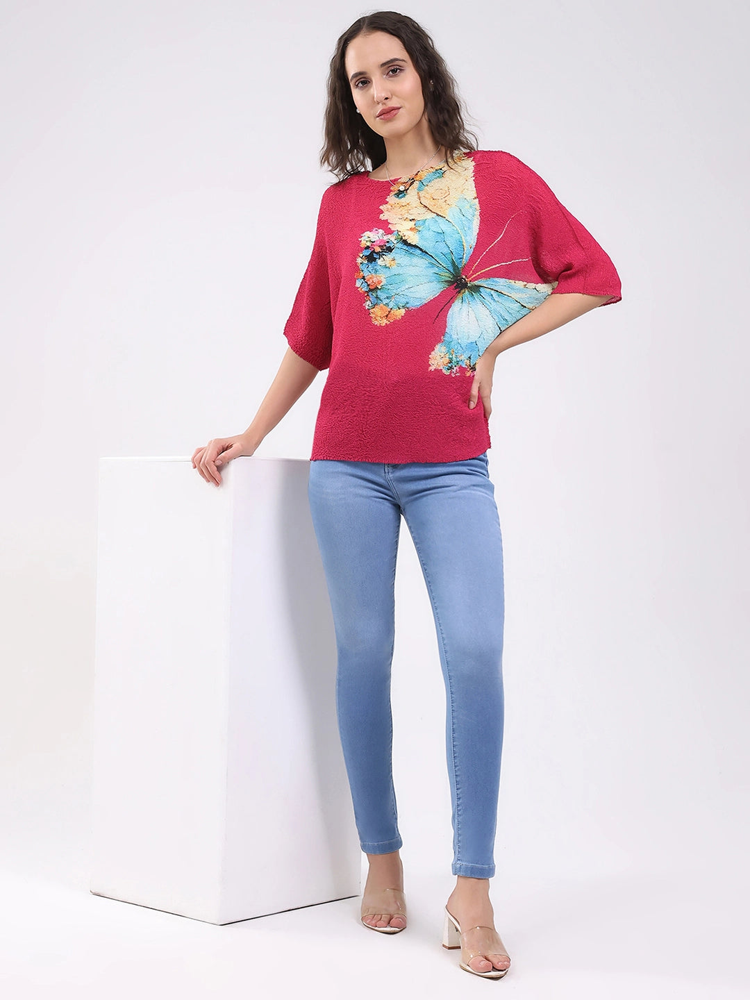 Pink Butterfly Print Stretchable Top - Global Republic