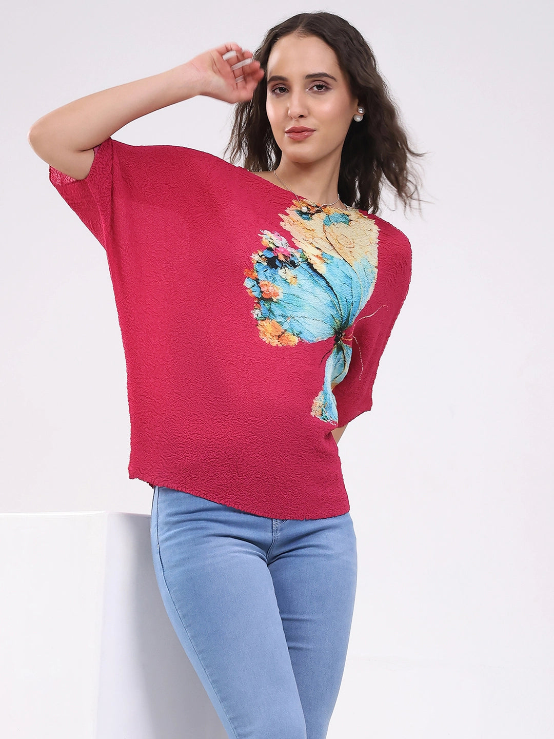 Pink Butterfly Print Stretchable Top - Global Republic