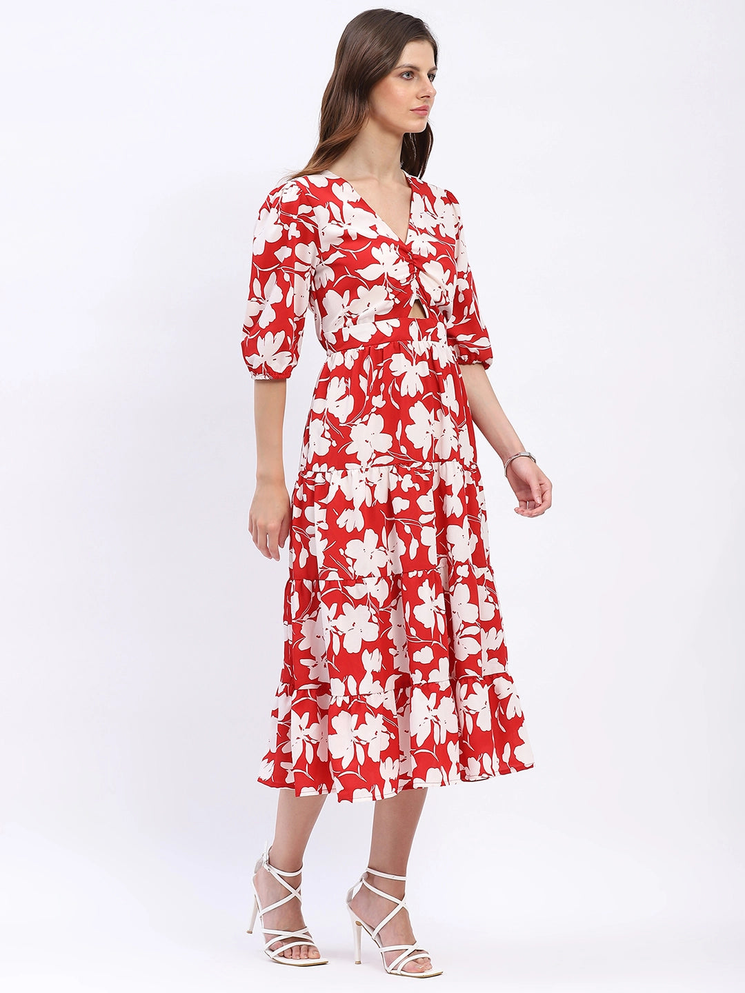 Red & White Floral Tiered Flared Dress - Global Republic