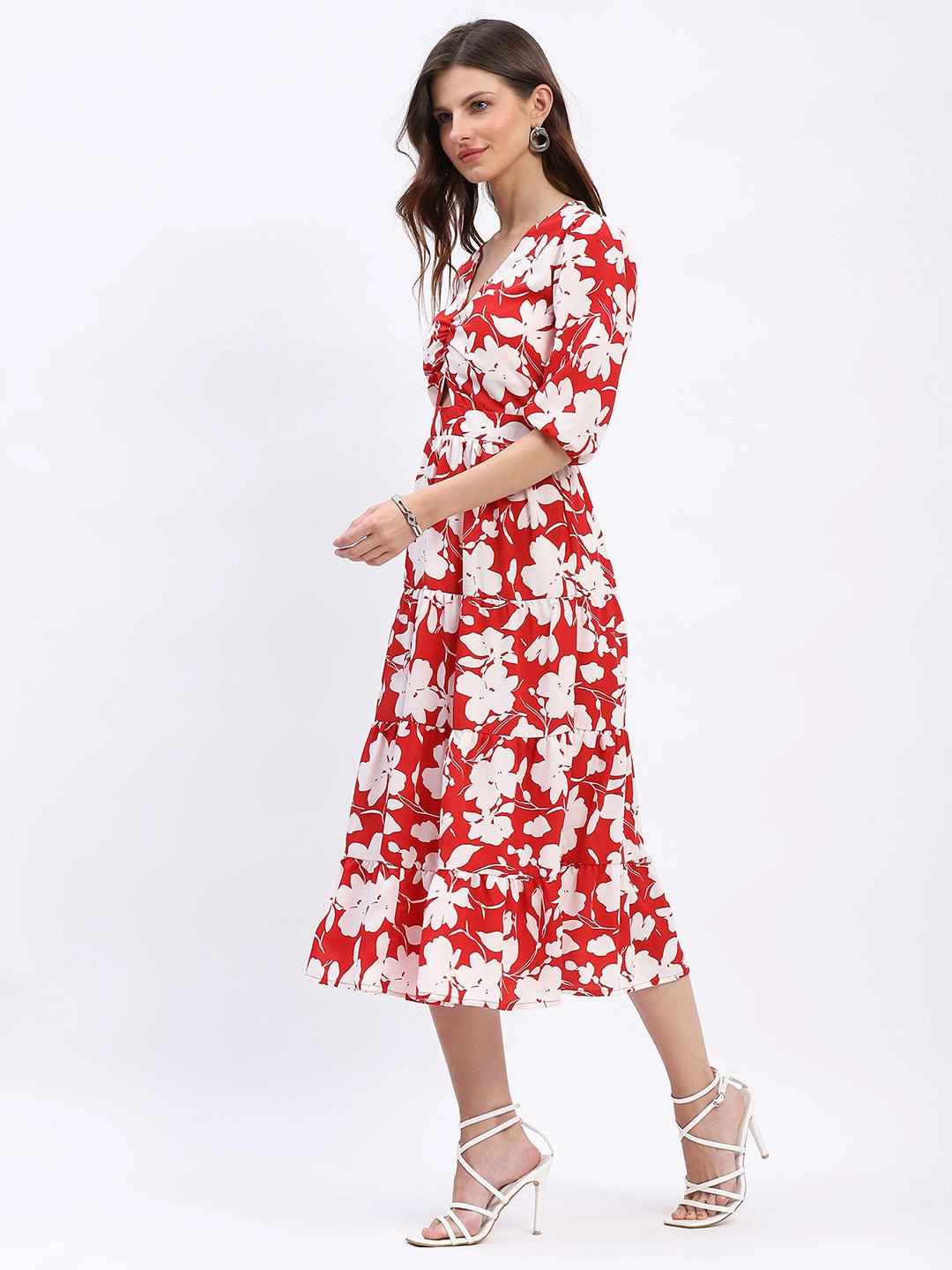 Red & White Floral Tiered Flared Dress - Global Republic
