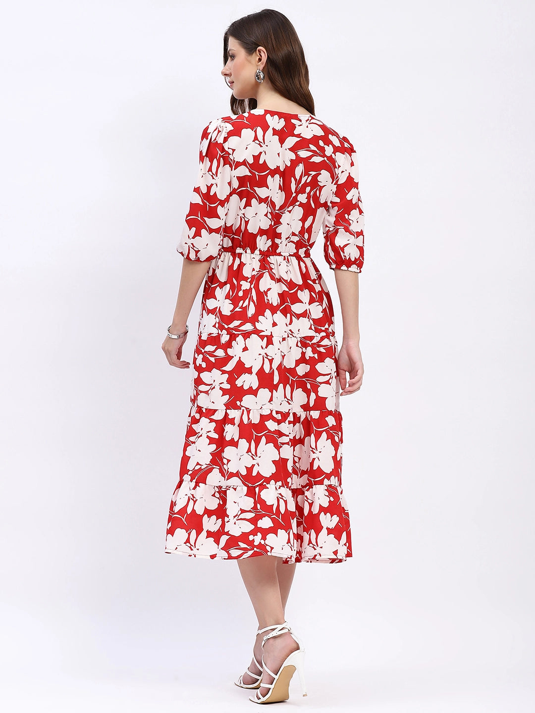 Red & White Floral Tiered Flared Dress - Global Republic