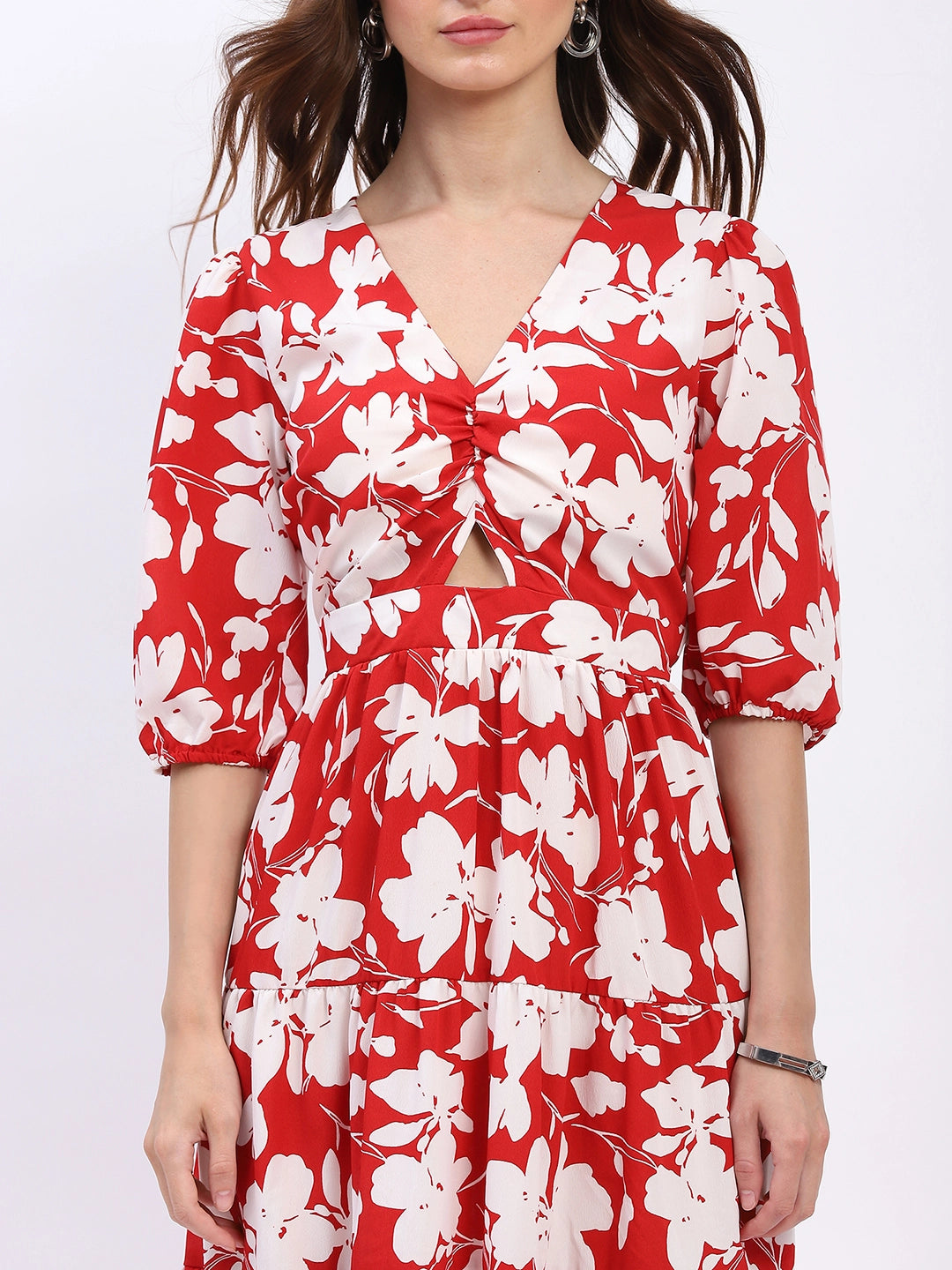 Red & White Floral Tiered Flared Dress - Global Republic