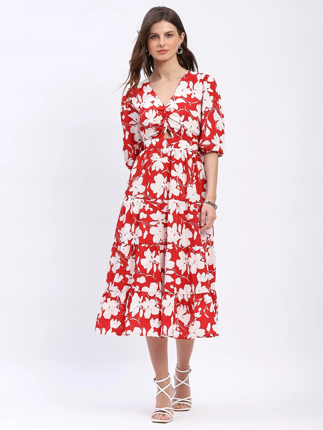 Red & White Floral Tiered Flared Dress - Global Republic