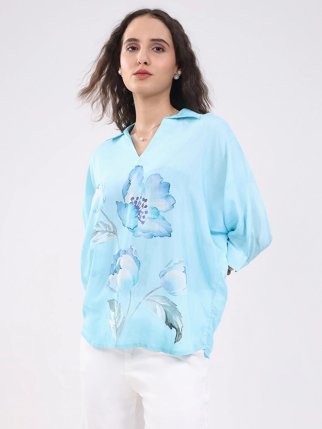 Blue Viscose Floral Loose Top - Global Republic