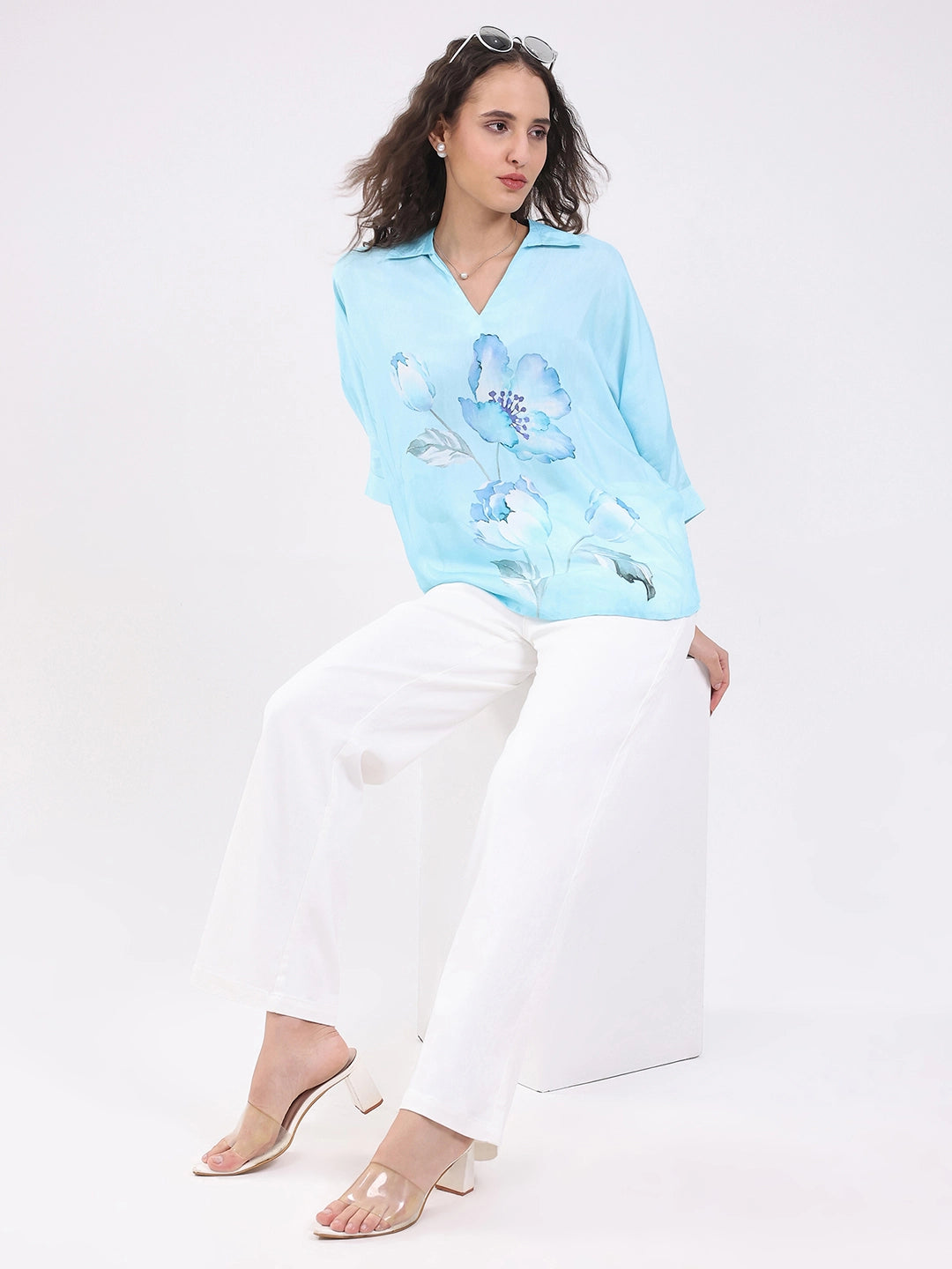Blue Viscose Floral Loose Top - Global Republic