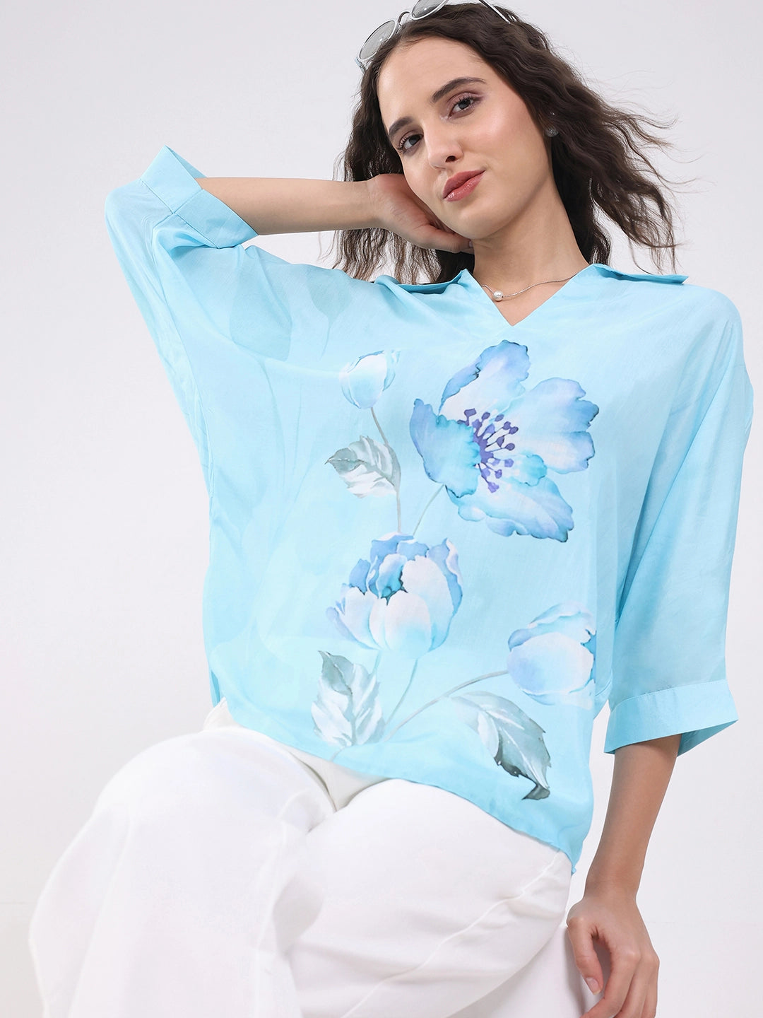 Blue Viscose Floral Loose Top - Global Republic