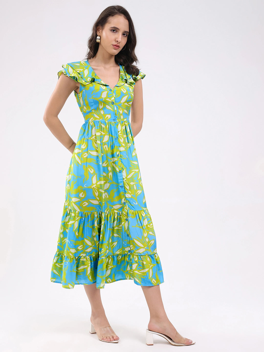 Sky & Lime Abstract Tiered Midi Dress - Global Republic