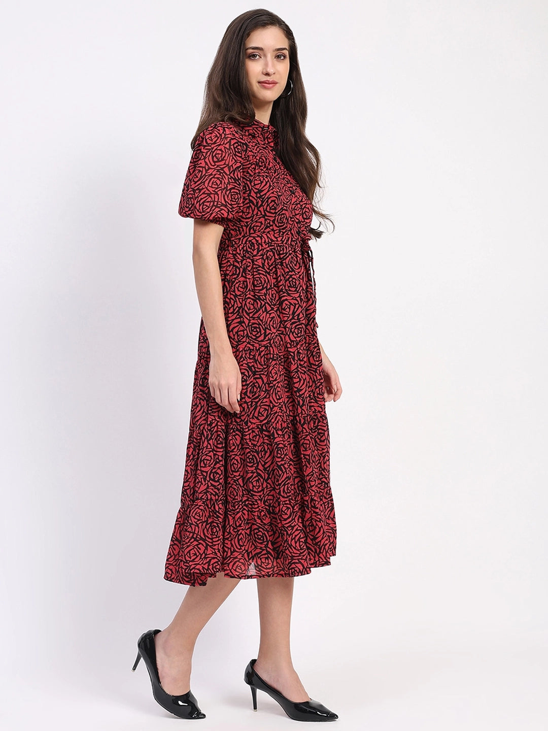 Red & Black Floral Tiered Dress - Global Republic