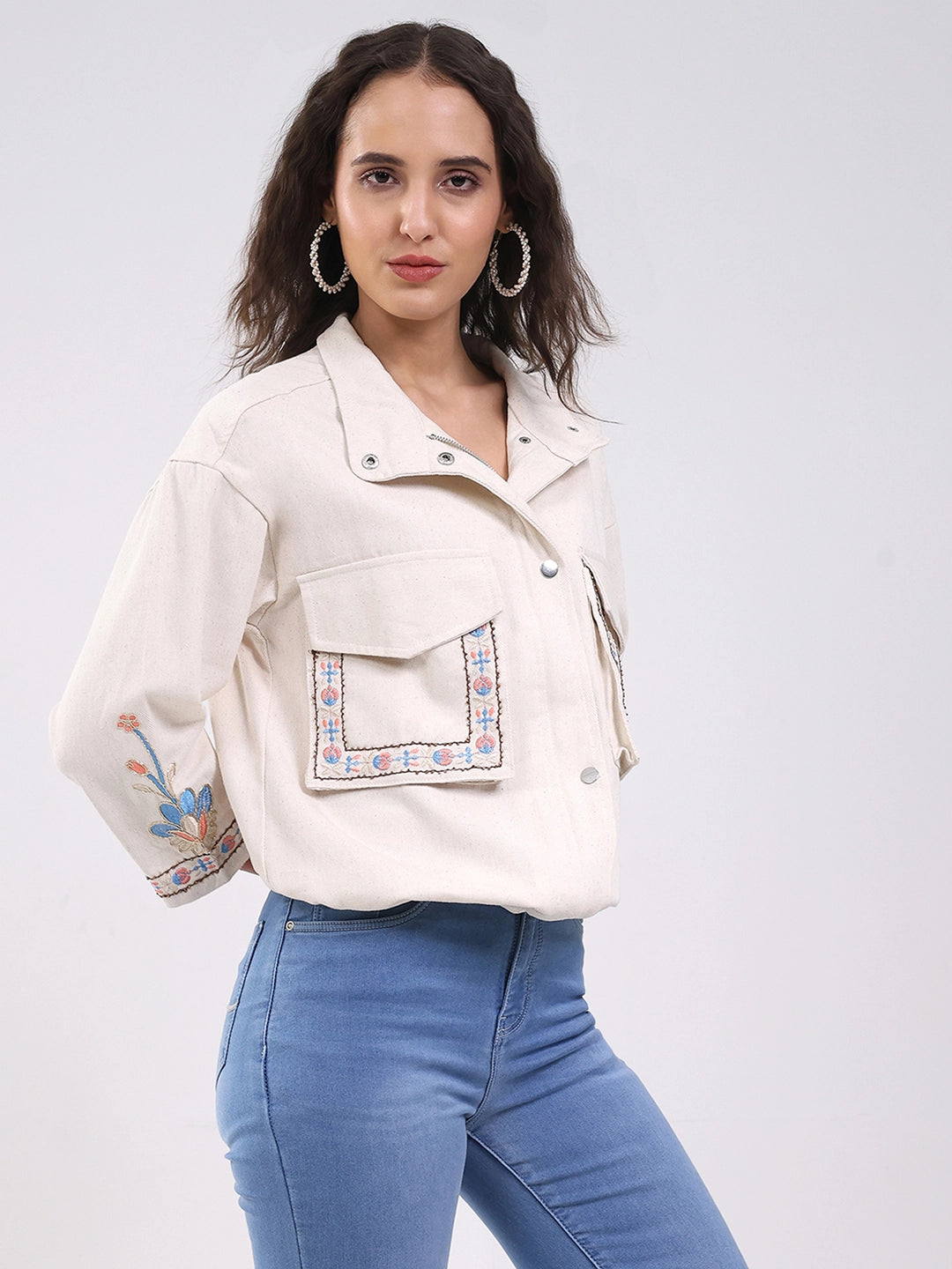 Beige Oversized Embroidered Cotton Shacket - Global Republic