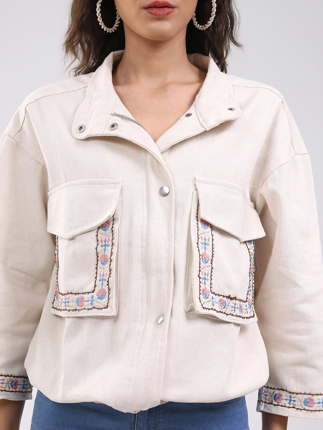 Beige Oversized Embroidered Cotton Shacket - Global Republic