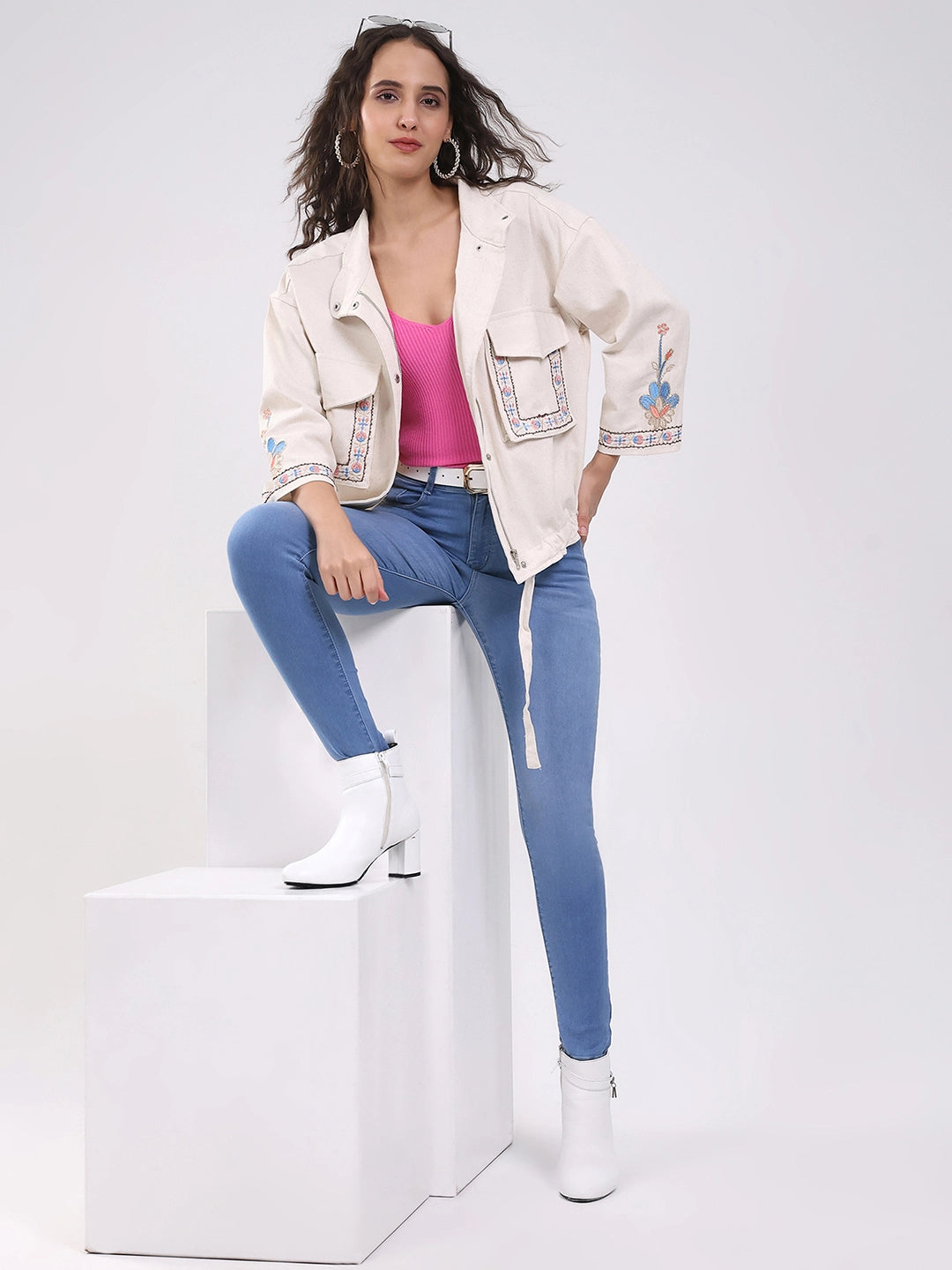 Beige Oversized Embroidered Cotton Shacket - Global Republic