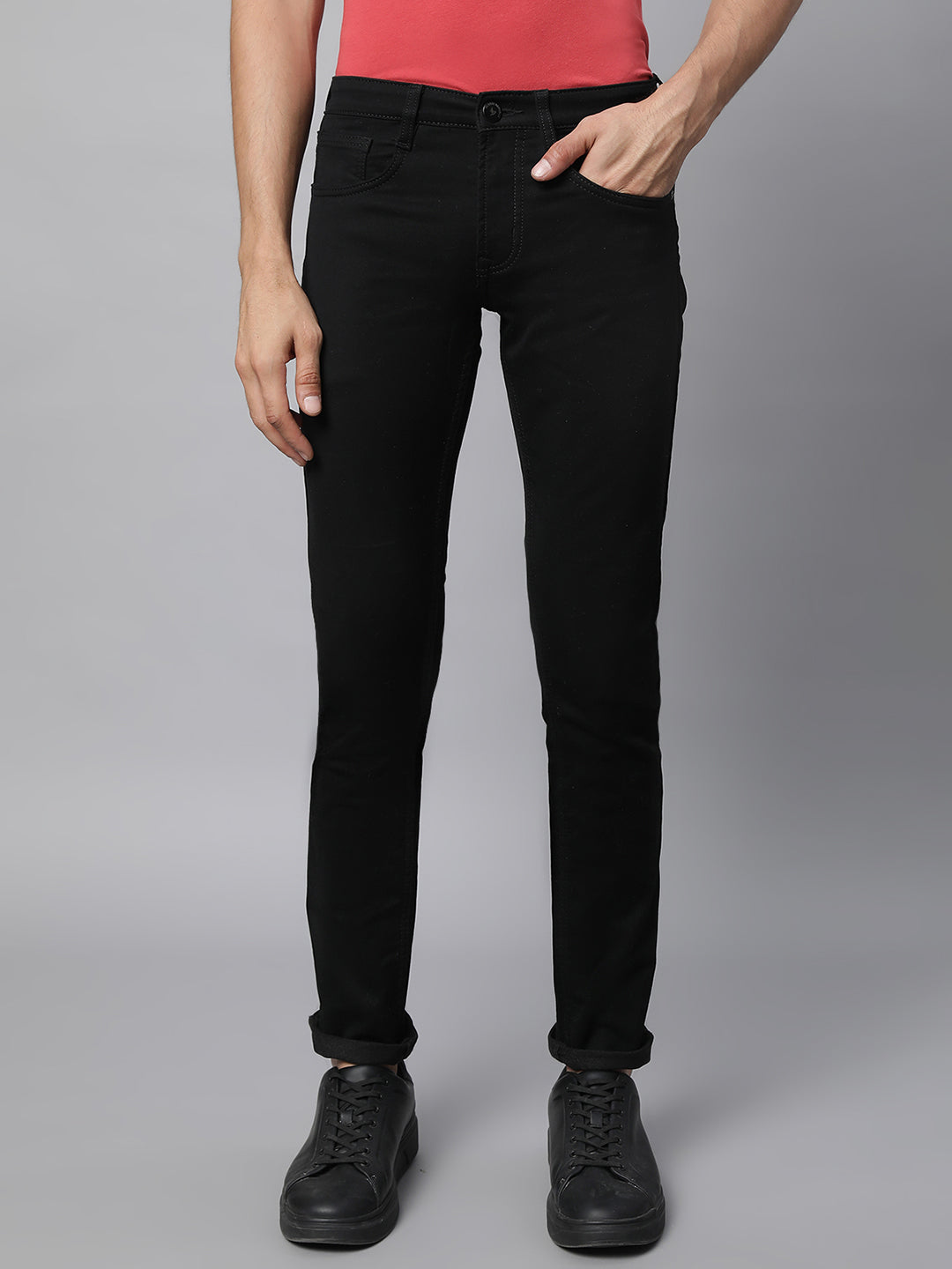 Black Cotton Blend Solid Jeans - Global Republic