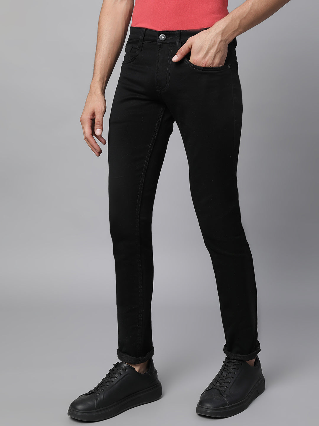 Black Cotton Blend Solid Jeans - Global Republic