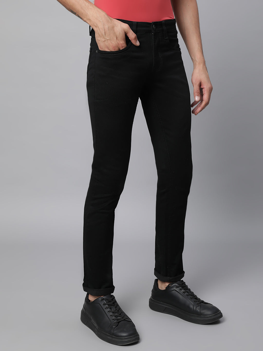 Black Cotton Blend Solid Jeans - Global Republic