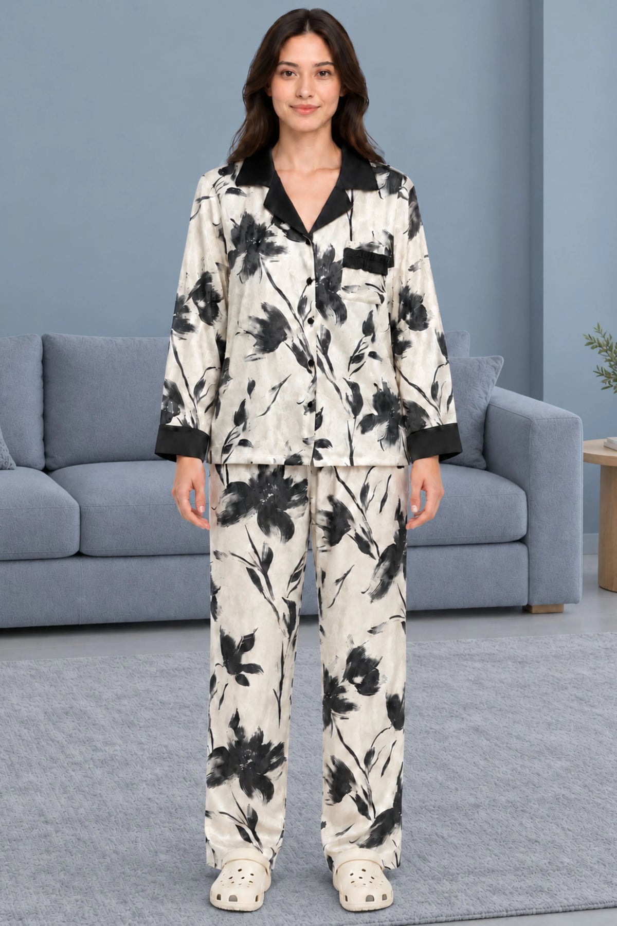 Black & White Floral Print Winter Night Suit-Global Republic