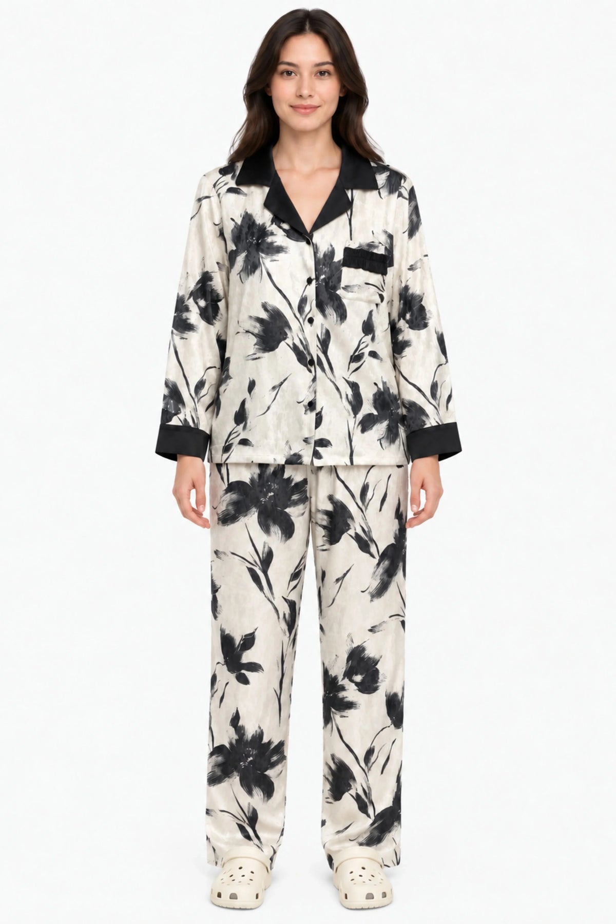 Black & White Floral Print Winter Night Suit-Global Republic