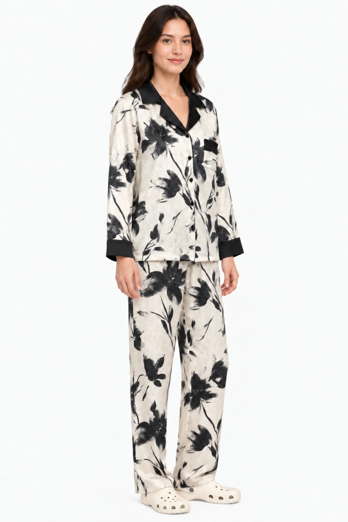 Black & White Floral Print Winter Night Suit-Global Republic
