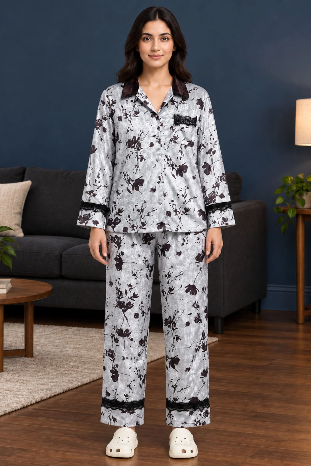 Pastel Blue Velvet Floral Winter Night Suit-Global Republic