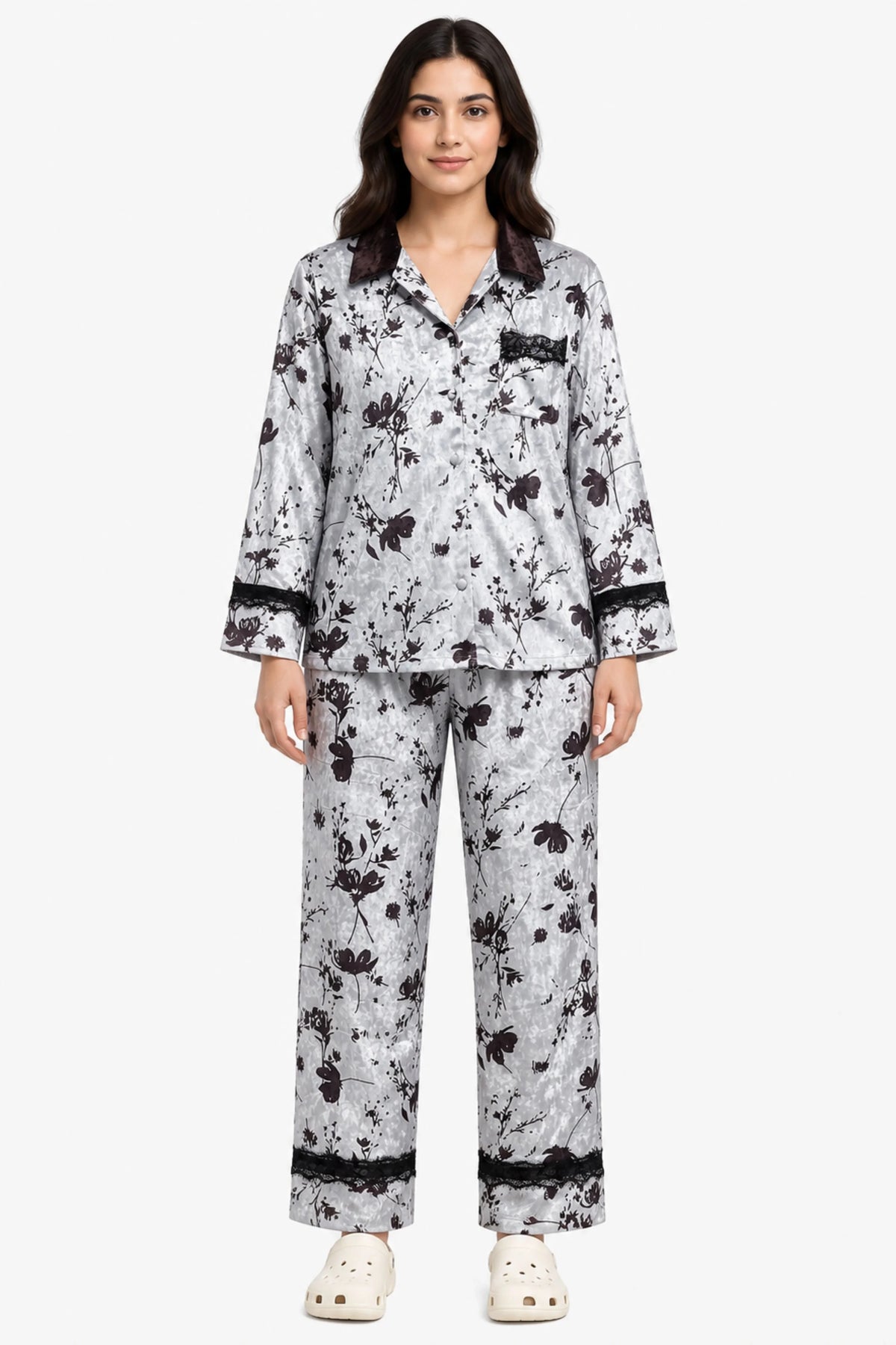 Pastel Blue Velvet Floral Winter Night Suit-Global Republic