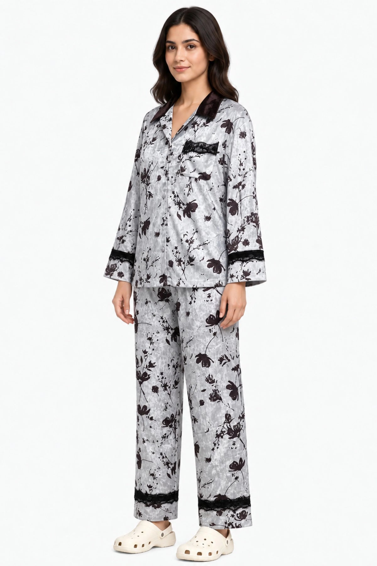 Pastel Blue Velvet Floral Winter Night Suit-Global Republic