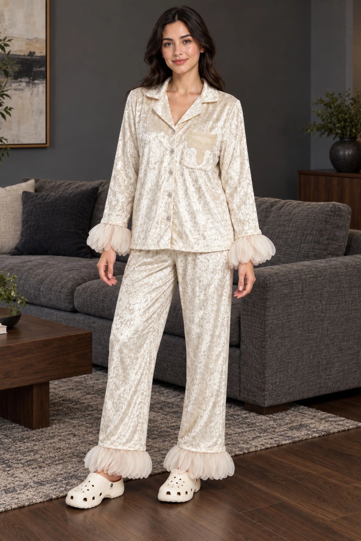 Cream Solid Winter Night Suit-Global Republic
