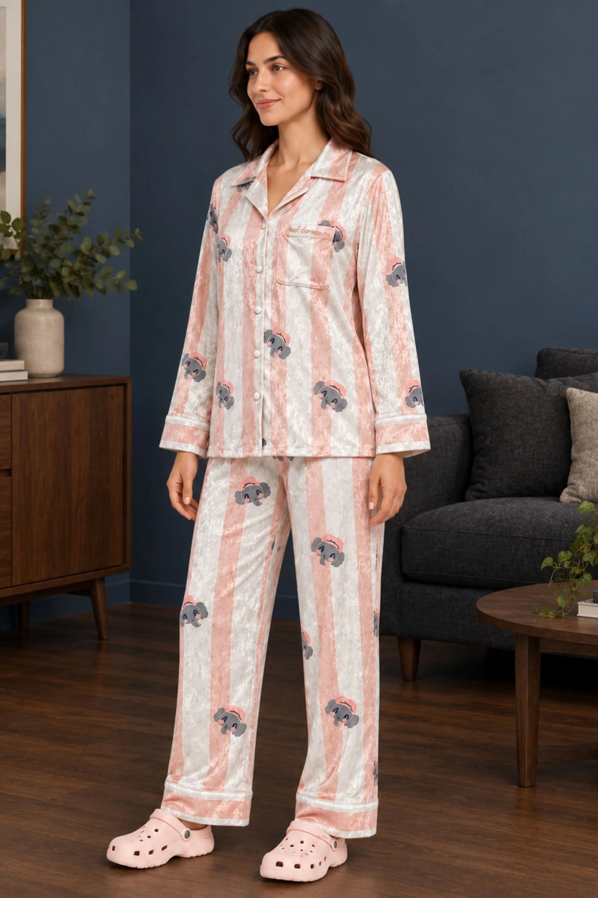 Pink Striped Winter Night Suit-Global Republic